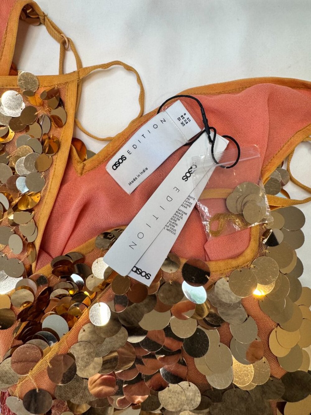 ASOS EDITION Paillette Sequin Mini Dress with Faux Feather Hem in Coral Size 6 - Picture 7 of 8